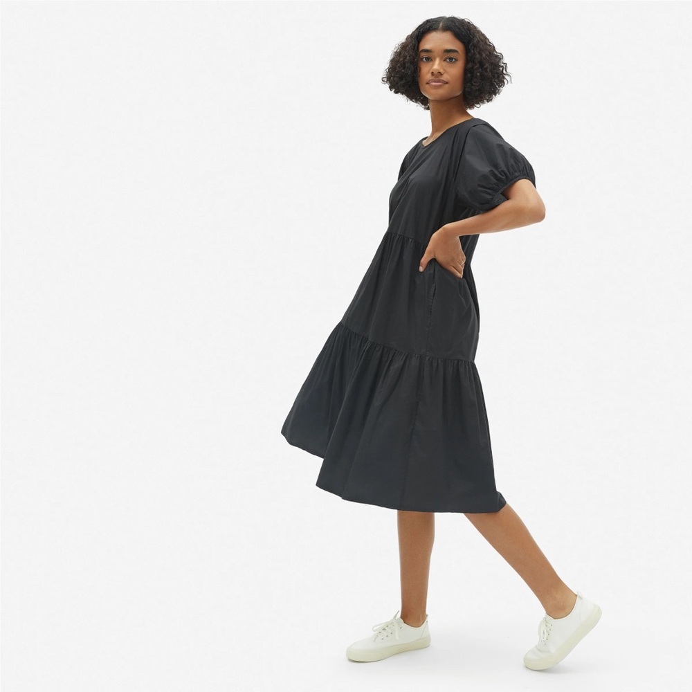 Everlane Black Tiered Cotton Midi Puff Sleeve Dress